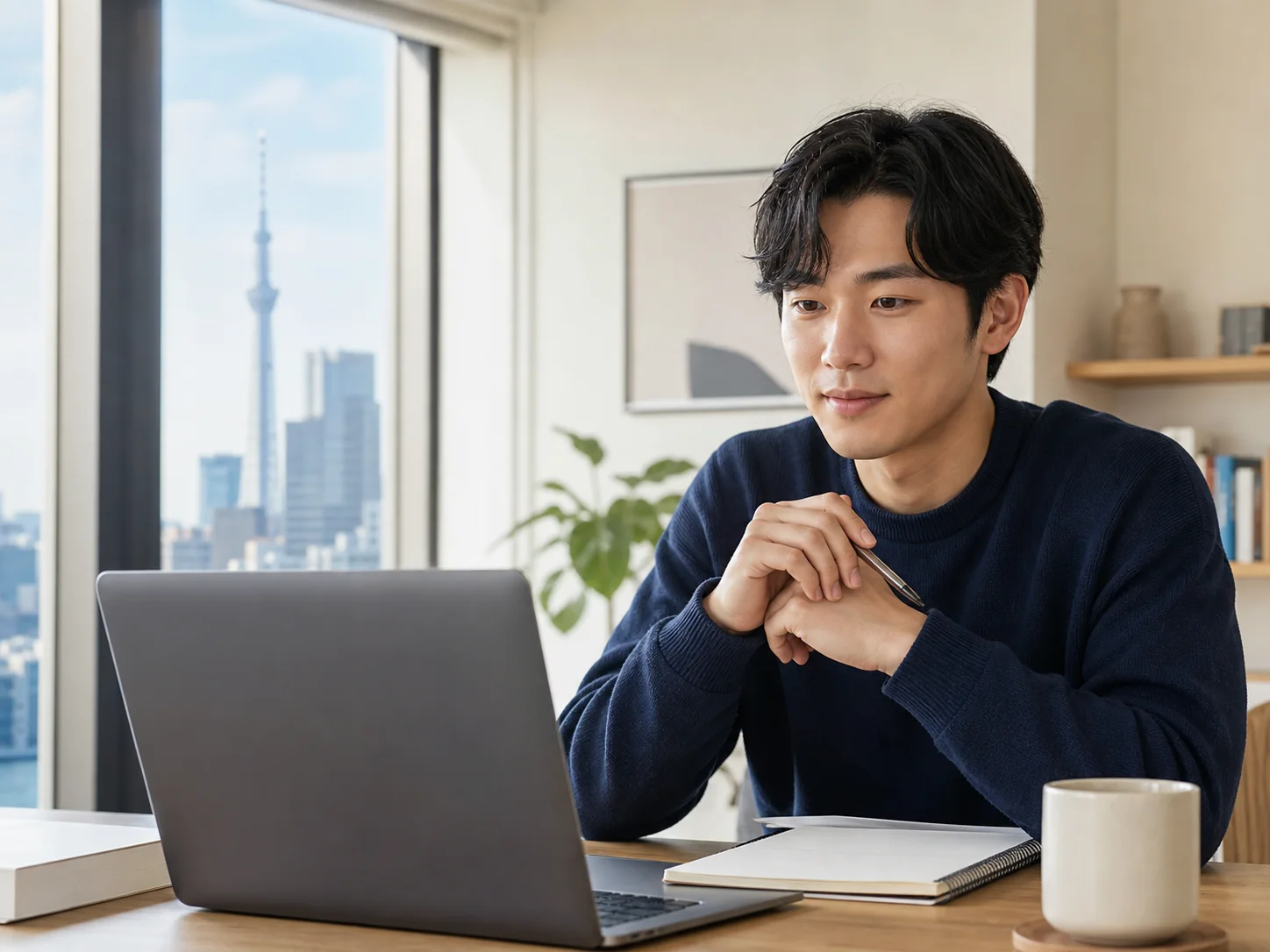 온라인으로 일본 취업 상담을 받으며 메모하는 구직자